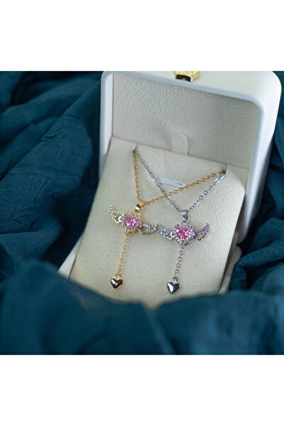 Movable Stainless Steel Necklace with Pink Zircon Gemstone Angel Wings