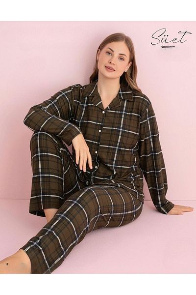 PİJAMERRY Plus Size Shirt Collar Suede Pajama Set - Long Sleeve 5272- 1 Piece