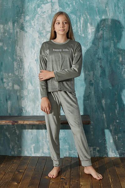Pijamaevi Green Happy Life Patterned Exclusive Velvet Girl's Pajama Set