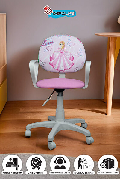 Depolife Çocuk Odası Sandalyesi Ders Çalışma Ofis Koltuğu Öğrenci Sandalye Beyaz Tekerli Yükseklik Ayarlı