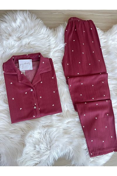 Pijamacs Dark Pink Heart Patterned Pegasus Short Sleeve Pajama Set