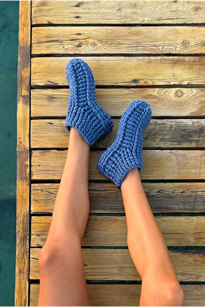 NevRa Örgüleri El Örgüsü Tığ İşi Örgü Yün Patik Ev Terliği Botu Denim Mavi