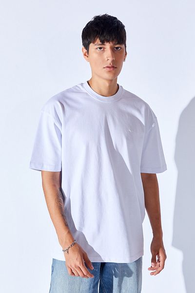 Manche White Thick Gramaged Soft Textured Brushed High Printed Oversize Men's T-Shirt |   Mnn 211049 -01