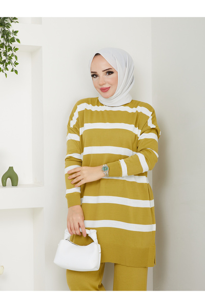 MODAMÜNASİP Υπέροχο ριγέ πλεκτό σετ δύο τεμαχίων με άνετο και κομψό παντελόνι