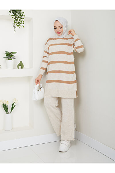 MODAMÜNASİP Υπέροχο ριγέ πλεκτό σετ δύο τεμαχίων με άνετο και κομψό παντελόνι