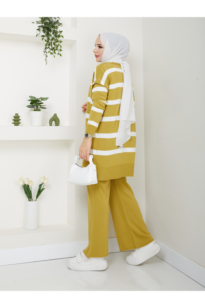 MODAMÜNASİP Υπέροχο ριγέ πλεκτό σετ δύο τεμαχίων με άνετο και κομψό παντελόνι