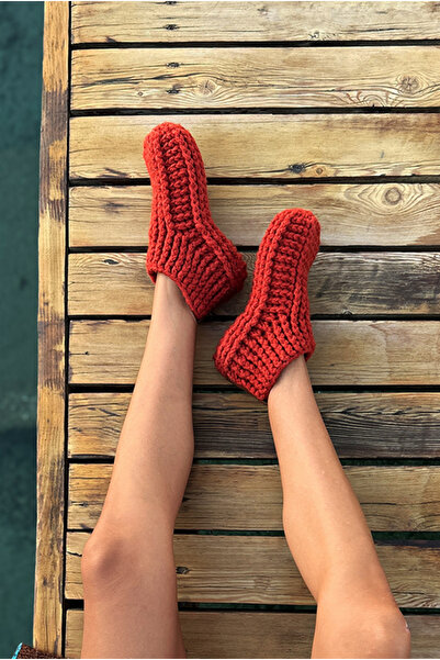 NevRa Örgüleri El Örgüsü Tığ İşi Örgü Yün Patik Ev Terliği Botu Taba Kiremit Rengi