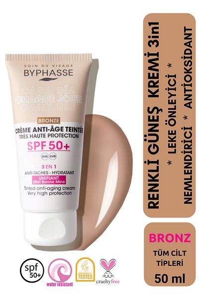 BYPHASSE Anti-Aging Colored Liquid Sunscreen Bronze Color - Hybrid Formula with New Generation Sun Filter 50ml