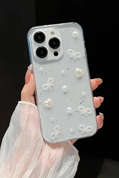 KVK PRİVACY Apple iPhone 14 Pro Uyumlu İnci Kalpli Fiyonk Şeffaf Kılıf Simli ...