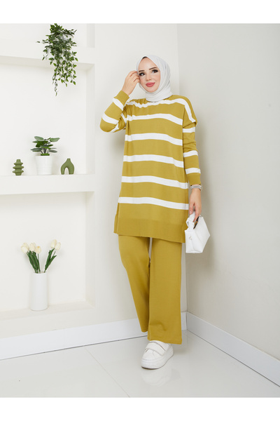 MODAMÜNASİP Υπέροχο ριγέ πλεκτό σετ δύο τεμαχίων με άνετο και κομψό παντελόνι