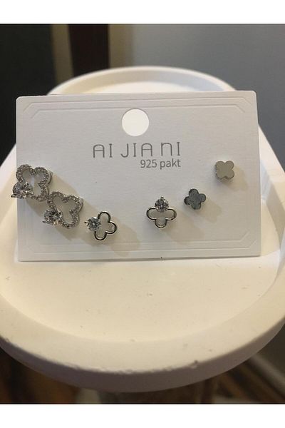 GUNESTAKI Silver 6-Piece Zircon Stone Lucky Earrings Set
