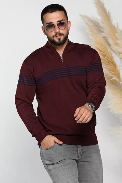 MİSHAR İTALİA Claret Red Men's Half Fisherman Zippered Striped Knitwear Sweater