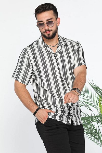 MİSHAR İTALİA Черна ленена риза Slim Fit с шарки