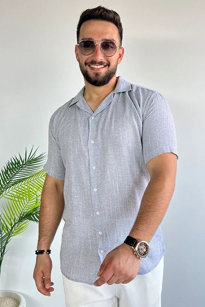 MİSHAR İTALİA Γκρι Slim Fit Λινό πουκάμισο με μοτίβο