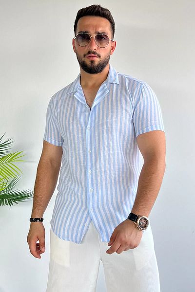 MİSHAR İTALİA Μπλε λινό πουκάμισο με λεπτή εφαρμογή