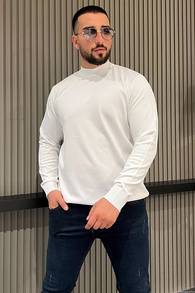 MİSHAR İTALİA Pulover alb pentru bărbați pe jumătate de pescar