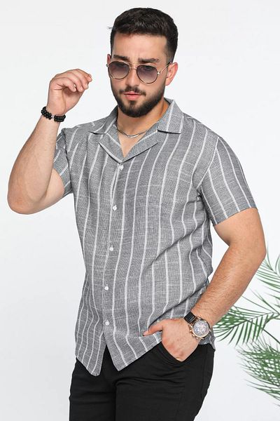 MİSHAR İTALİA Ανθρακί Slim Fit ριγέ λινό πουκάμισο