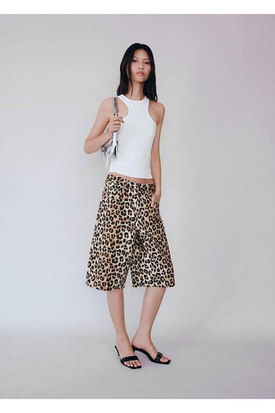 MANGO Woman Denim Bermuda Shorts with Leopard Print