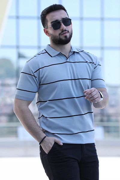 MİSHAR İTALİA Ανδρικό πλεκτό μπλουζάκι με γκρι ρίγες και ελαστικό γιακά πόλο