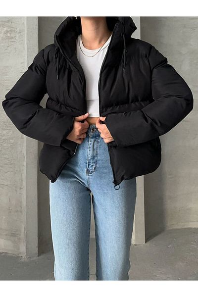 MEECY Damen Puffermantel mit Kapuze in schwarz