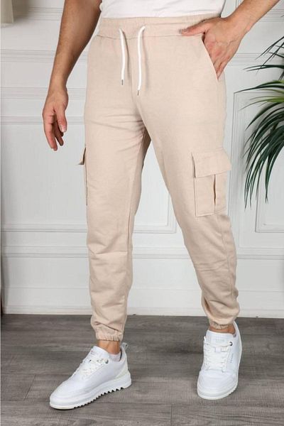 SURMARİ Μπεζ Unisex Φούτερ - Cargo Pocket and Leg Elastic