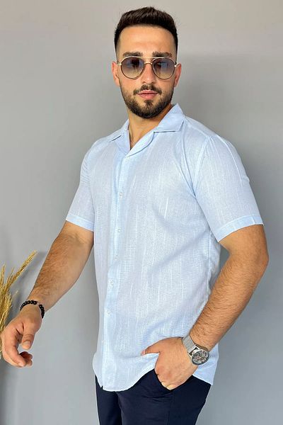 MİSHAR İTALİA Cămașă albastră din in, slim fit, cu model