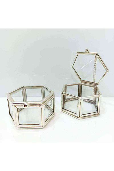 RetroLazer Metal Hexagonal Glass Box Ring Box 7x7x5 Silver 1 Piece