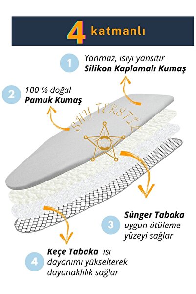 SHY TEKSTİL Ütü masası kılıfı 140 x 55 cm Keçeli Süngerli Ütü Masası Örtüsü B...