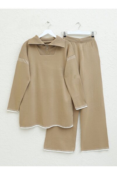 Modamorfo Csíkos félcipzáras kötöttáru szett szoknyával és ujjakkal - nerc