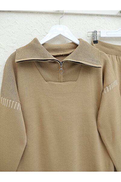 Modamorfo Csíkos félcipzáras kötöttáru szett szoknyával és ujjakkal - nerc