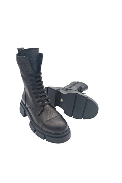 aayak&kabımofficial حذاء نسائي من الجلد الطبيعي باللون الأسود مع أربطة وسحاب