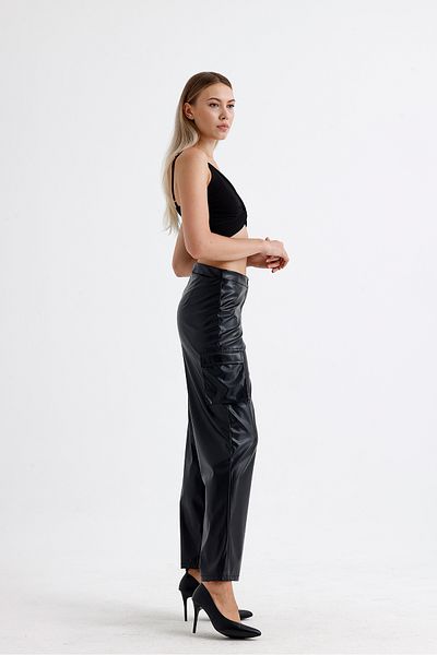 Sense Black Faux Leather Cargo Pants - Pockets, Pnt35246
