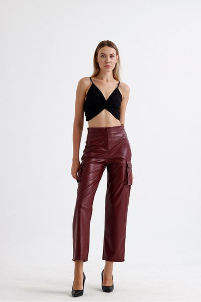 Sense Pantaloni din piele artificială cu buzunare cargo |   PNT35246 Roșu Claret