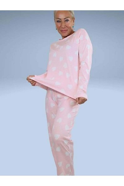 ikontarz Pink Large Heart Patterned Long Sleeve Women's Pajamas Set