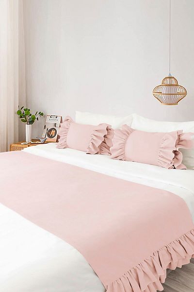RİTMOHOME Bed Runner & Inner Filled Throw Pillow Set Double Ruffled Pink, Dowry, Bedspread