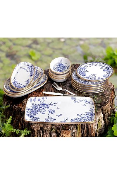 Pinkev Butterfly 15 Pieces Ceramic Breakfast Cake Presentation Plate Set for 6 Persons