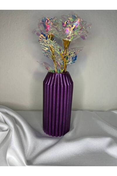 Love Candle Dekor Mürdüm Vazo Çizgili Mor Vazo Dekoratif Vazo Çiçeklik Kuru Ç...