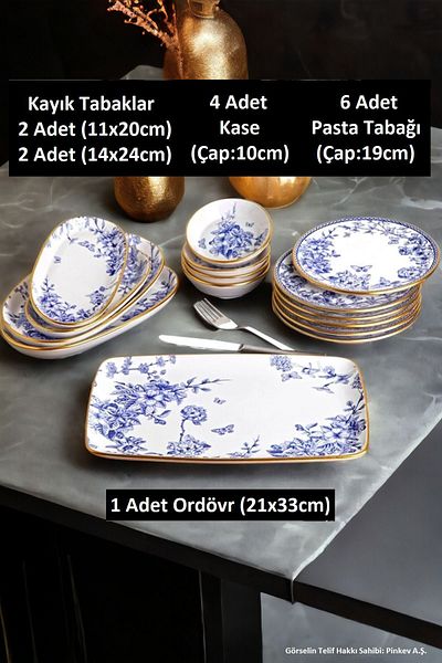 Pinkev Butterfly 15 Pieces Ceramic Breakfast Cake Presentation Plate Set for 6 Persons