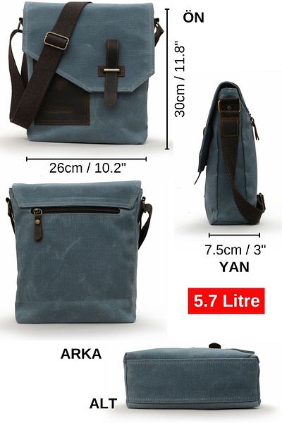 Cappadocia Vintage Genuine Leather 4035 Lemon Mold Blue Water Resistant Postman Shoulder Waxed Canvas Laptop School Bag