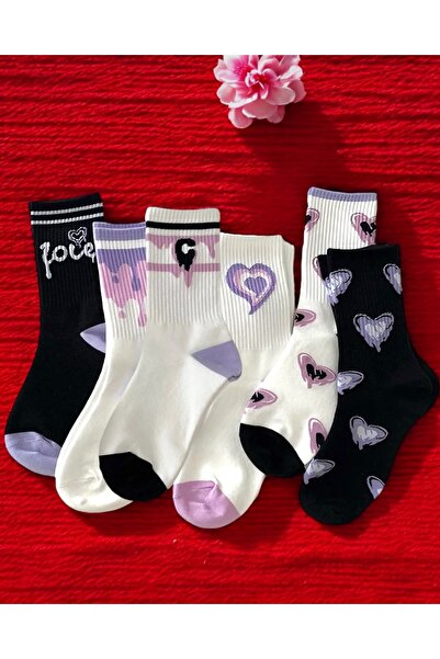 Çorabistaan 6 Çift Çok Renkli Aşk / Kalp Desenli Kadın Kolej Çorap Dikişsiz