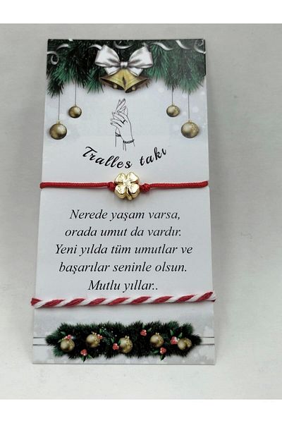 Tralles Takı New Year's Gift Red String with Clover Figure Bracelet and Red and White Lucky Rope