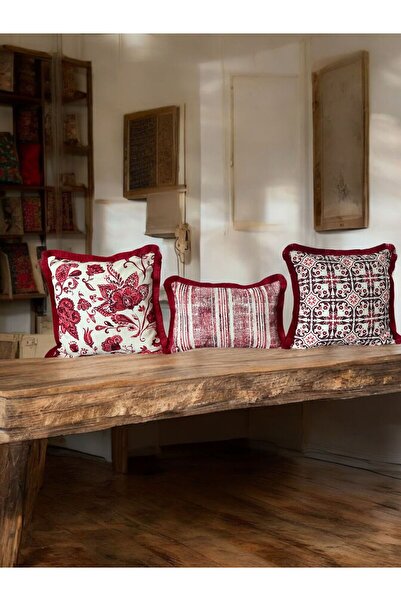 Kedi Tekstil ve Tasarım Kırmızı çini serisi 3'lü kırlent kılıfı takımı