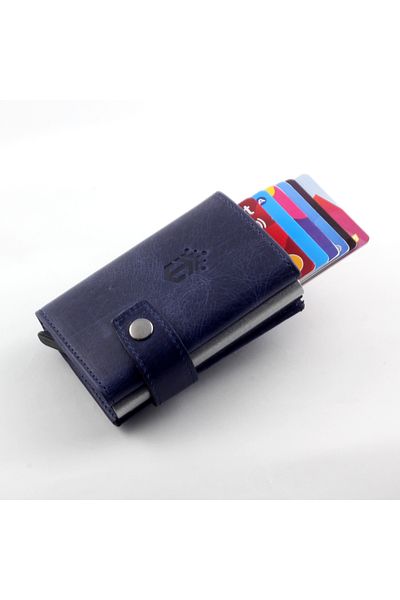 Ancora Leather Portofel pentru bărbați din piele naturală albastru bleumarin - Suport automat pentru carduri cu mecanism de fixare rapidă