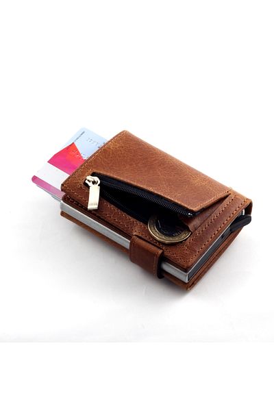 Ancora Leather Genuine Leather Crazy Leather Men's Wallet with Automatic Card Holder Mechanism Tan Snap Fastener