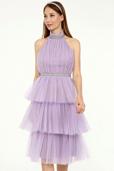 Naliru Dik Halter Yaka Boyundan Bağlamalı Parlak Taş Kemerli Kolyeli Kat Kat ...