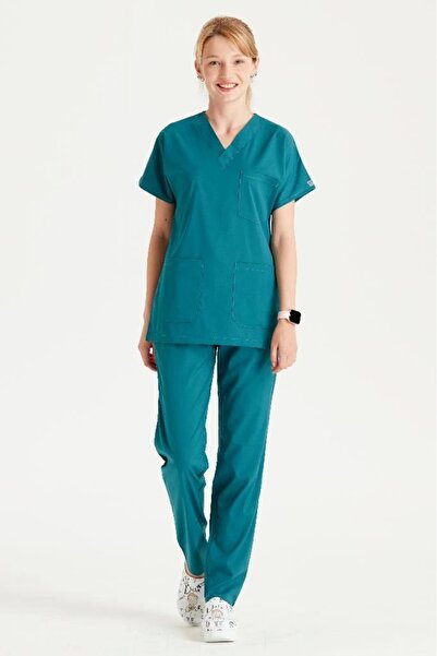Moodamedikal Petrol Yeşili Likra kumaş Cerrahi takım V Yaka Forma