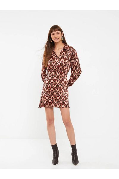 LC Waikiki Lcw Vision Mixed Printed Shirt Collar Print Long Sleeve Satin Women's Dress