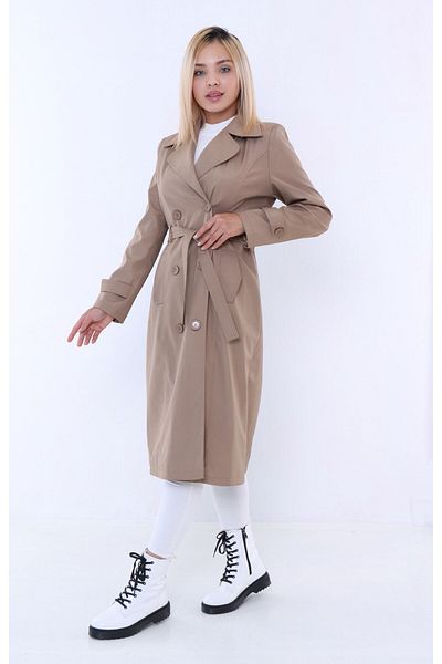 TUTveAL Collection Water Resistant Trench Coat, Long Double Breasted Trench Coat with Belt, Trendy Trench Coat, Seasonal, Mink
