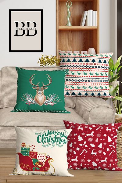 Belle Benoit Set de huse de pernă cu 4 locuri decorative cu imprimeu dublu cu design roșu de Anul Nou