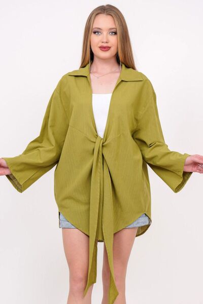 Naliru Truvakar Uzun Kollu Bağlamalı Gömlek Yakalı Keten Görünümlü Salaş Raha...